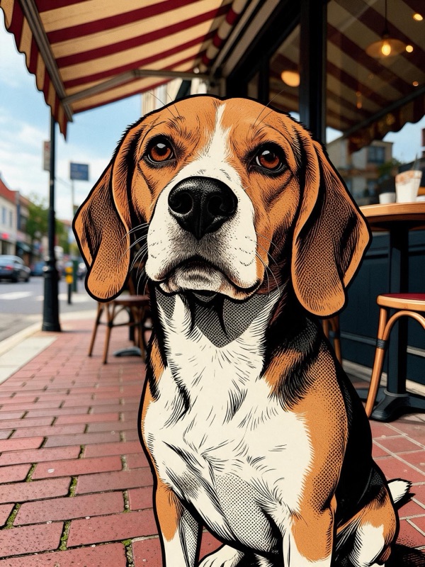 The same photo with the beagle redrawn as a halftone comic illustration while the sidewalk and cafe stay photographic