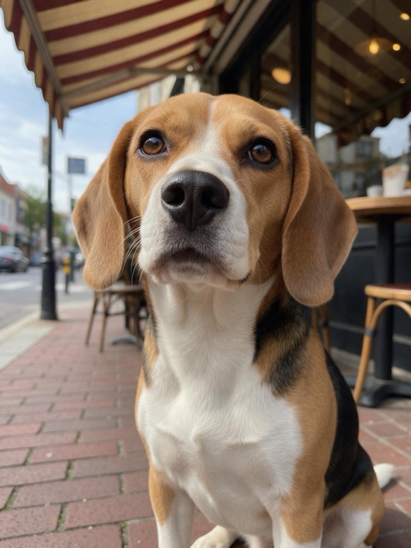 A beagle sitting on a brick sidewalk outside a cafe, original photo