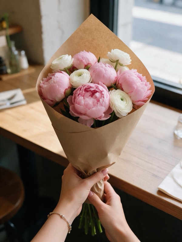 Hands holding a peony bouquet at a cafe table, original photo