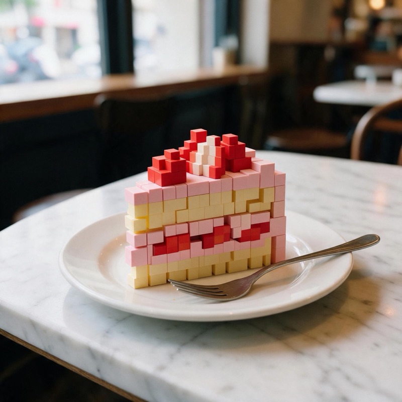 The same photo with the cake rebuilt from voxel cubes while the plate, fork and table stay real