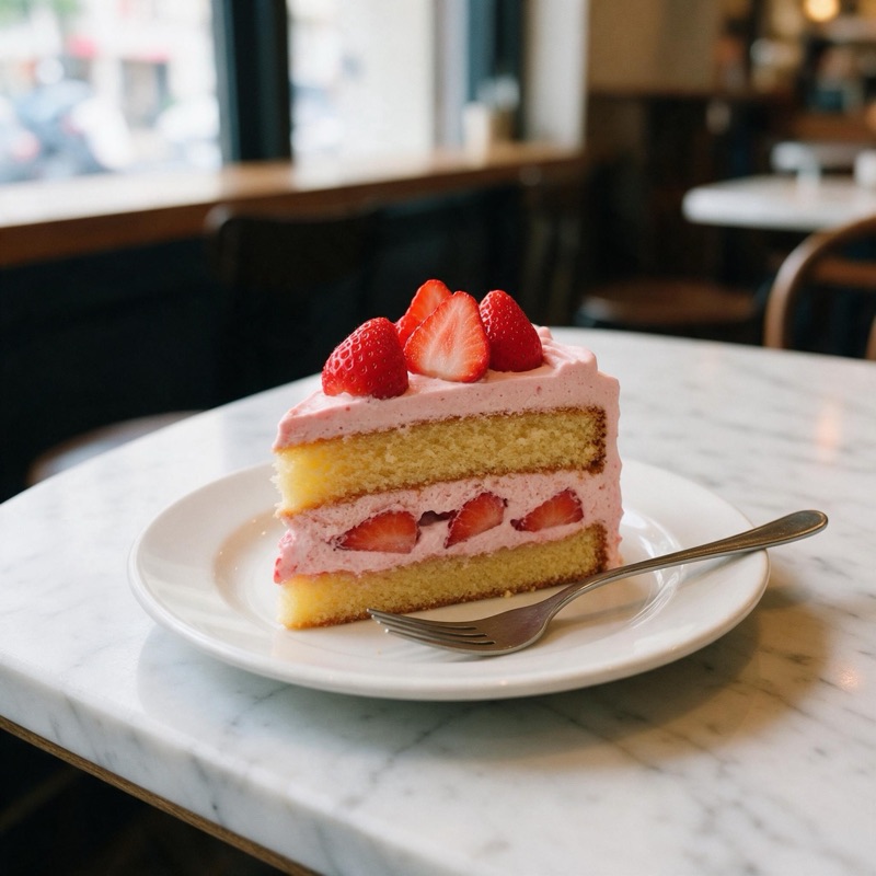 A slice of strawberry cake on a plate on a marble cafe table, original photo