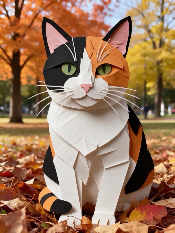 The same photo with the cat rebuilt from layered cut paper while the leaves and trees stay photographic