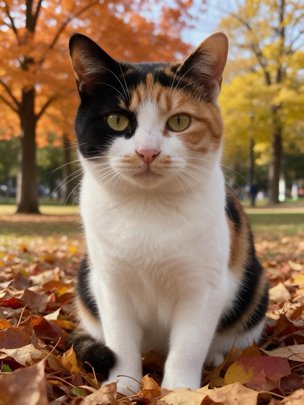 A calico cat sitting on fallen autumn leaves in a park, original photo