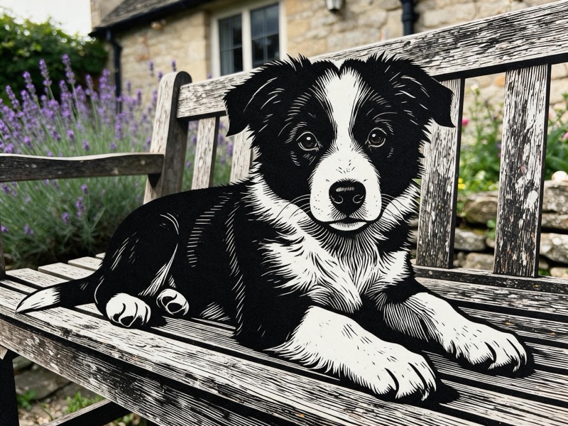 The same photo with the puppy redrawn as a linocut print while the bench, lavender and wall stay photographic