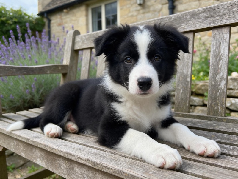 A border collie puppy lying on a wooden garden bench by lavender, original photo