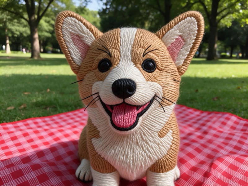The same photo with the puppy turned into embroidery while the blanket and park stay real