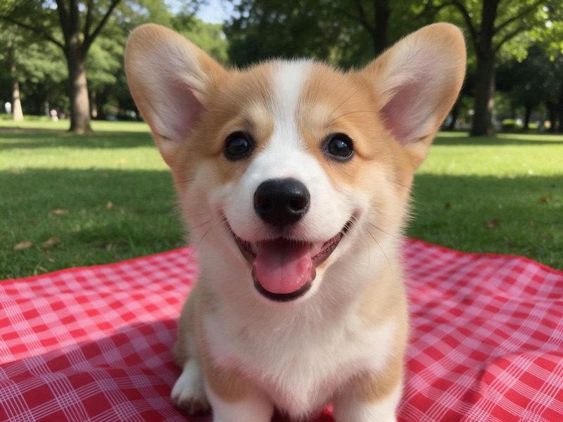 A corgi puppy sitting on a red checked picnic blanket in a park, original photo