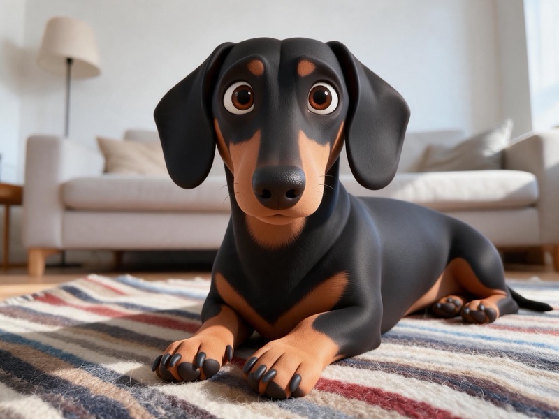 The same photo with the dachshund rebuilt as a 3D cartoon character on the real rug
