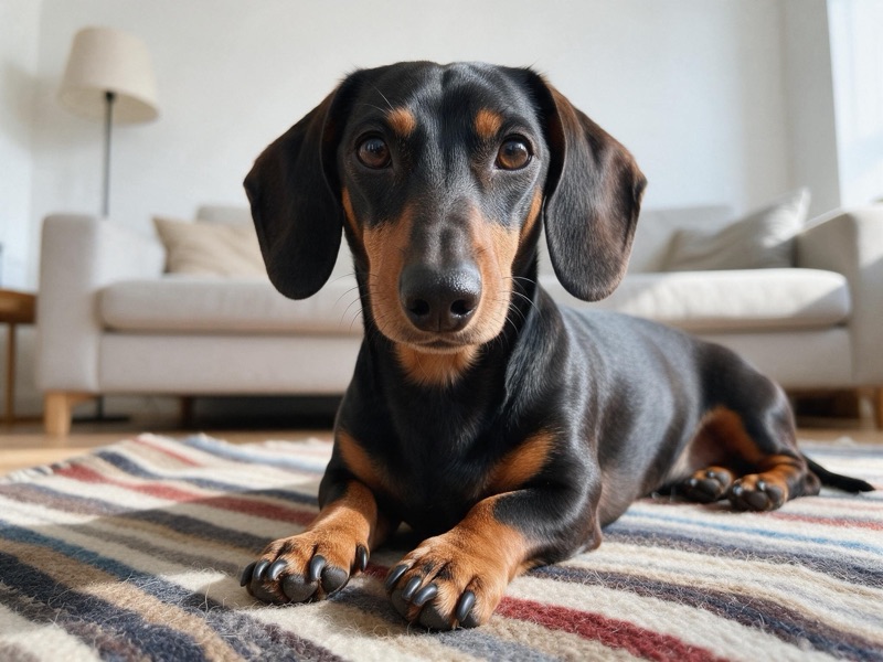 A dachshund lying on a striped rug in a living room, original photo