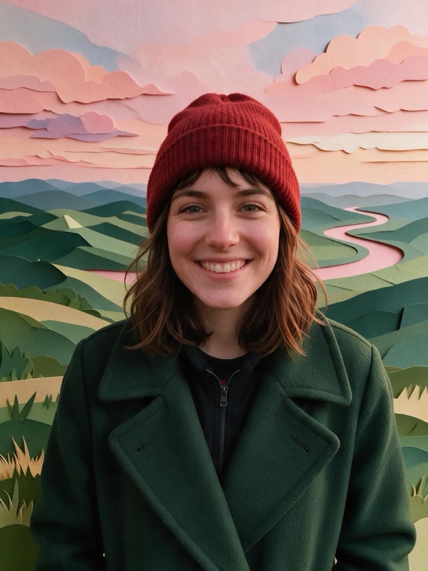 The same photo with the hills, river and sunset sky rebuilt from layered cut paper while the woman stays photographic