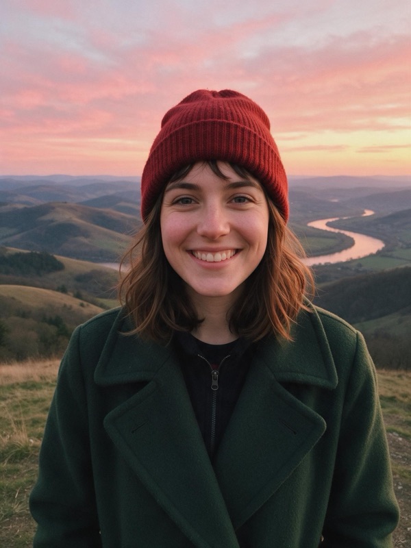 A smiling woman in a green coat and red beanie on a hilltop above a winding river at dusk, original photo