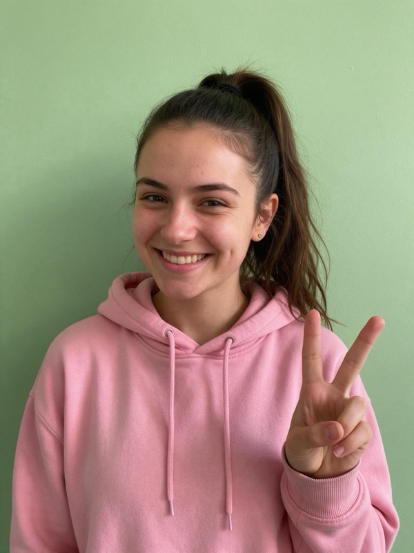 A woman in a pink hoodie making a peace sign in front of a green wall, original photo