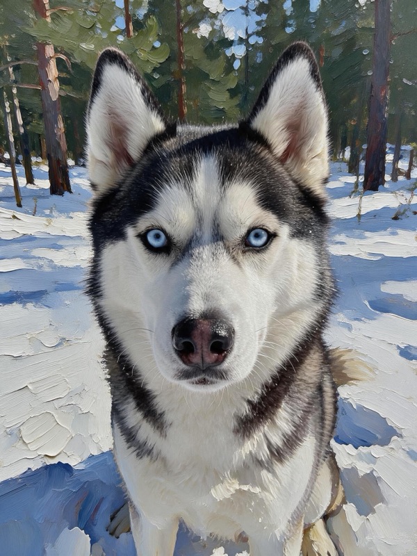 The same photo with the snow and pine forest repainted in thick impasto while the husky stays photographic