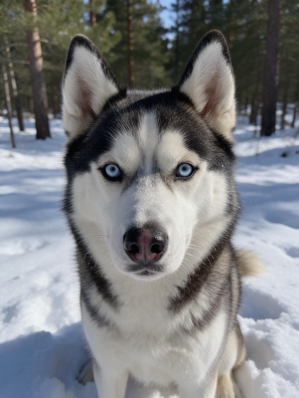 A Siberian husky sitting in snow in a pine forest, original photo