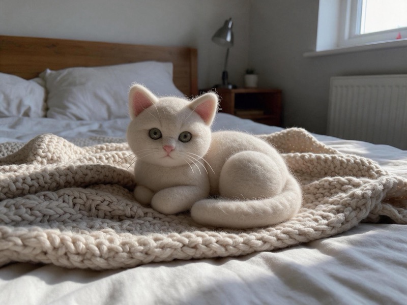 The same photo with the kitten turned into a needle-felt sculpture while the bed stays real