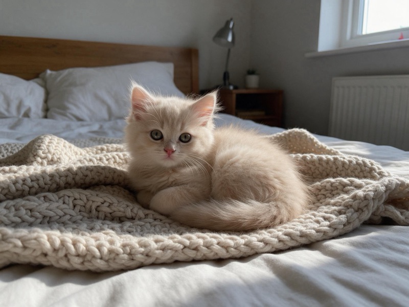 A kitten lying on a knit blanket, original photo
