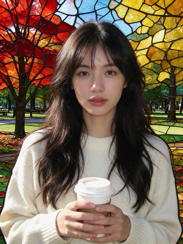 The same photo with the maple trees and park turned into stained glass while the woman stays photographic