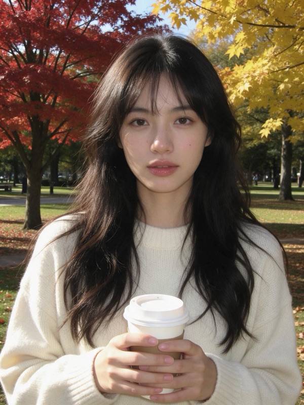 A woman in a cream sweater holding a coffee cup in an autumn park, original photo