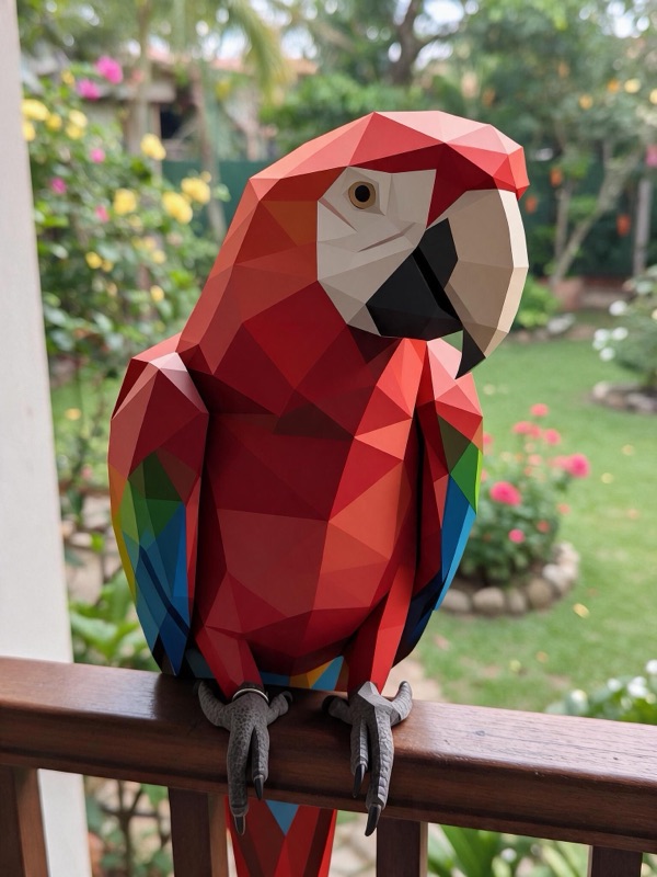 The same photo with the macaw rebuilt as a low-poly model while the garden stays photographic