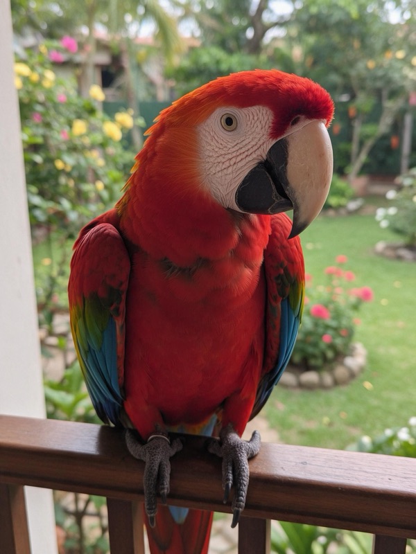 A scarlet macaw perched on a wooden balcony railing, original photo