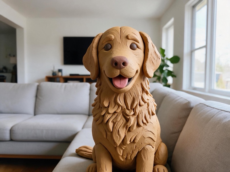 The same photo with only the dog turned into a clay sculpture