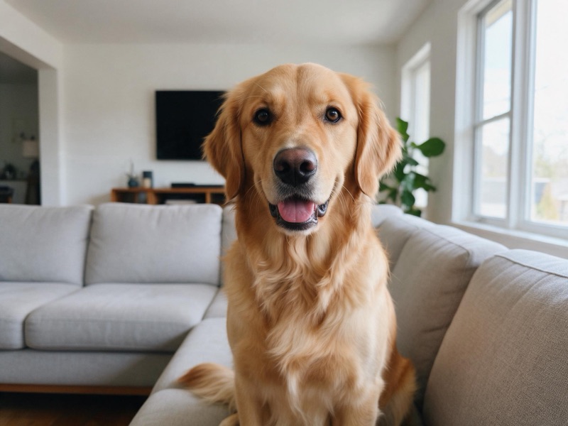 A golden retriever lying on a sofa, original photo