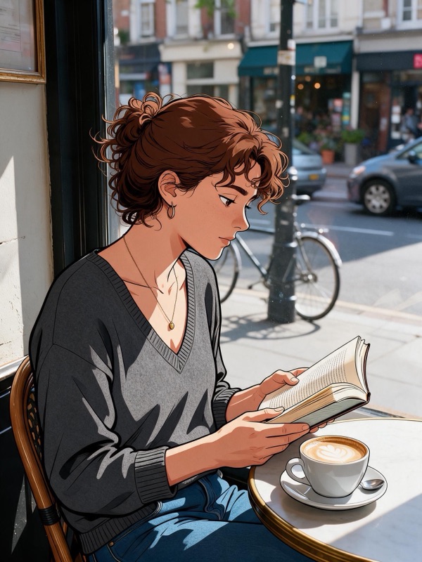 The same photo with the woman drawn as cel animation while the street stays photographic