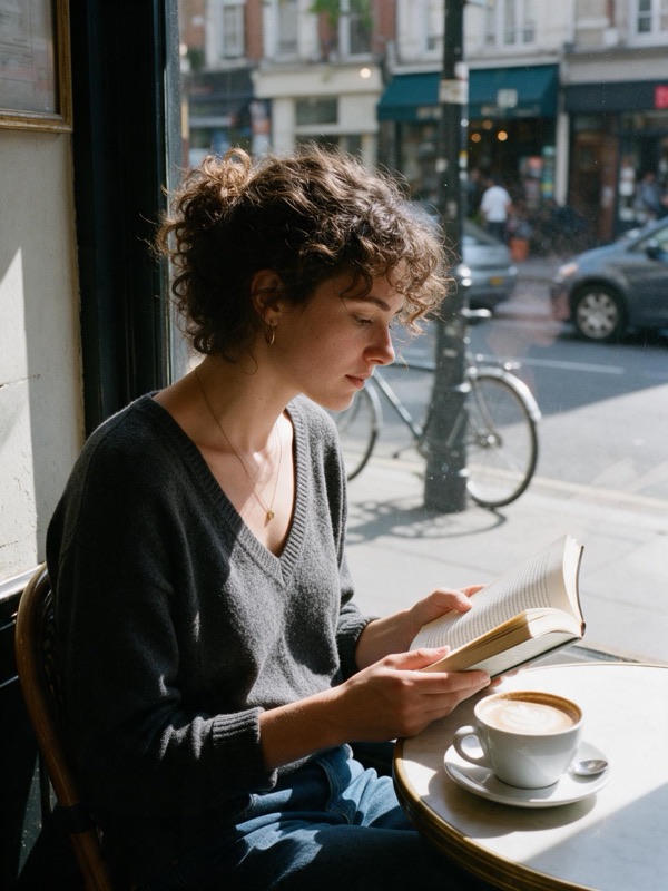 A woman reading at a cafe table, original photo