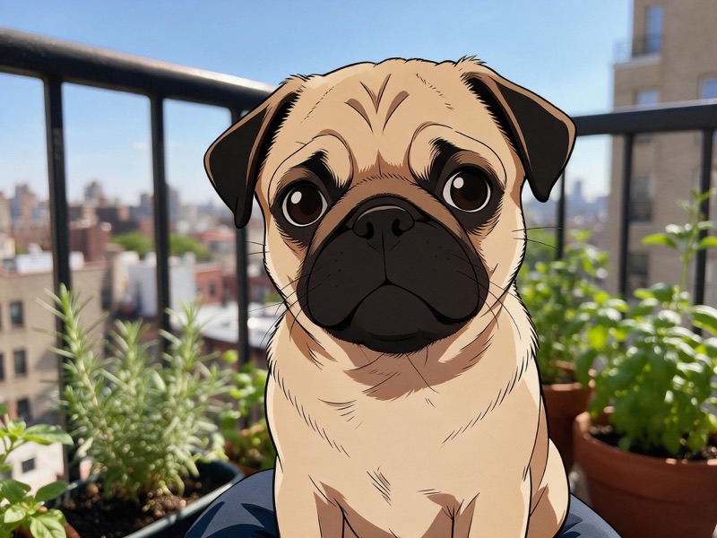 The same photo with the pug drawn as cel animation while the balcony and plants stay photographic