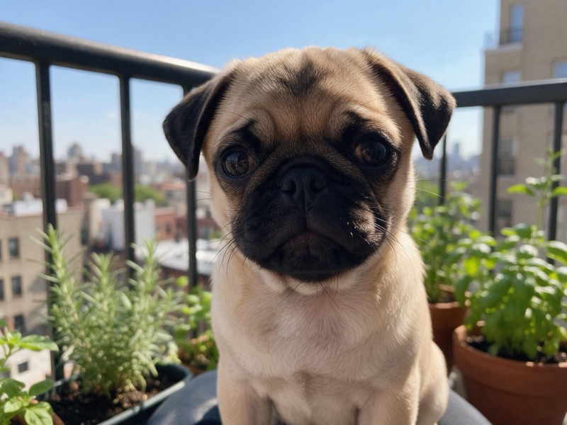 A fawn pug puppy sitting on a sunny balcony with potted herbs, original photo