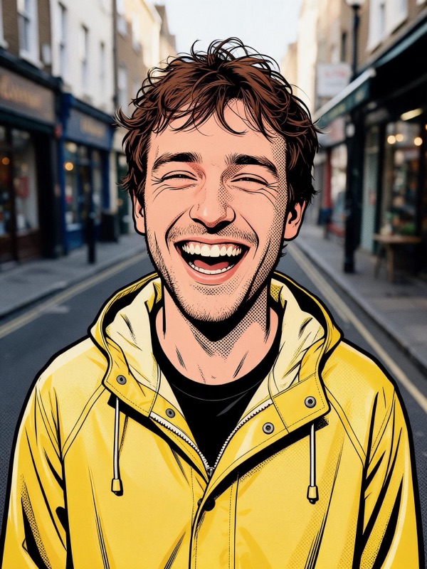 The same photo with the man redrawn as a halftone comic illustration while the street stays photographic