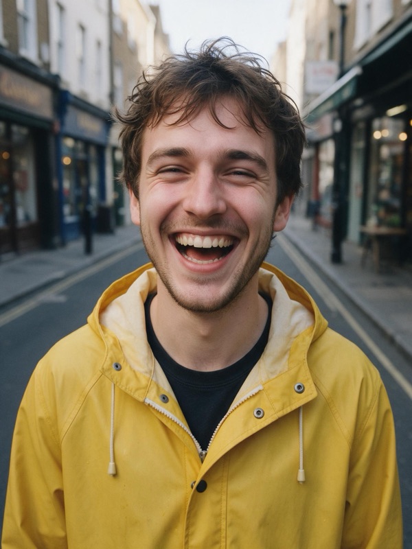 A laughing man in a yellow rain jacket on a city street, original photo