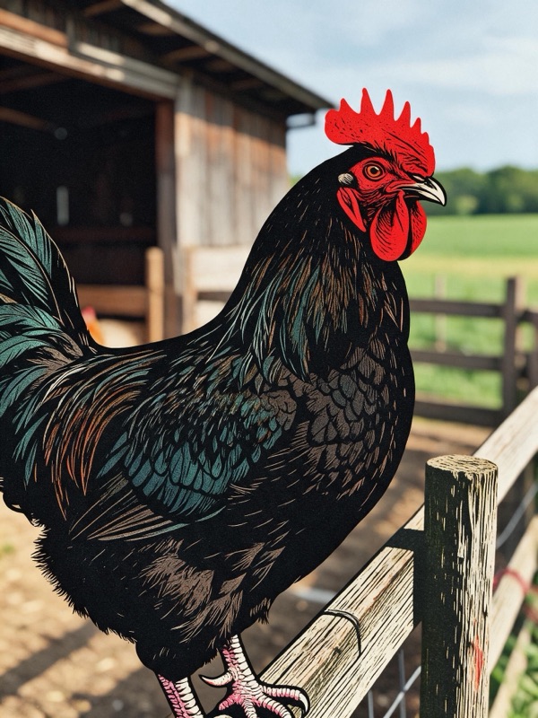 The same photo with the rooster redrawn as a linocut print while the barn, field and fence stay photographic