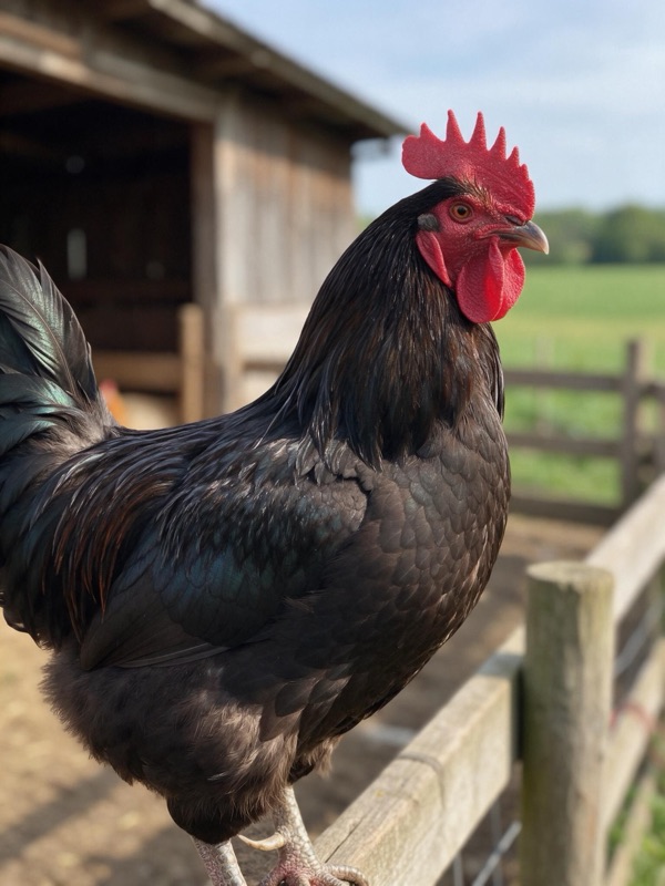 A black rooster with a red comb standing on a farm fence, original photo