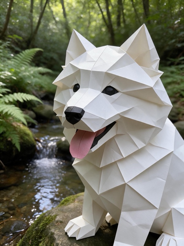 The same photo with the puppy turned into a folded-paper origami sculpture while the stream and ferns stay real