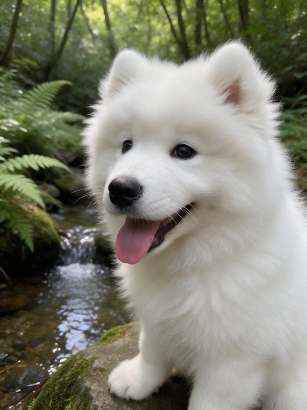 A white Samoyed puppy sitting on a mossy rock by a forest stream, original photo
