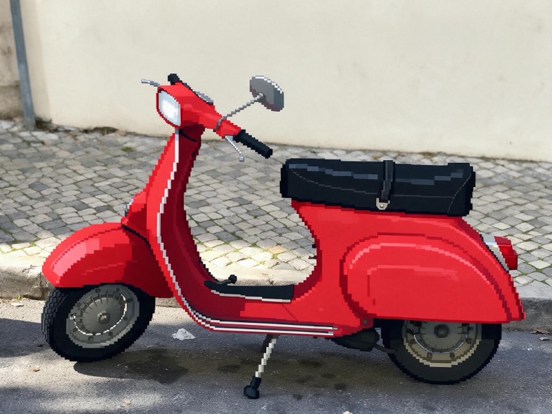 The same photo with the scooter rebuilt as pixel art while the street stays photographic