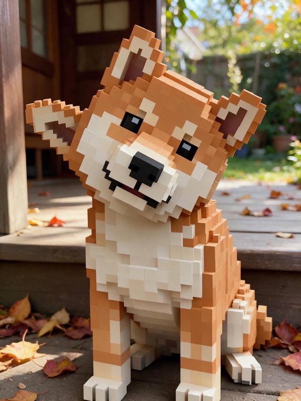 The same photo with the puppy rebuilt from voxel cubes while the porch and leaves stay real