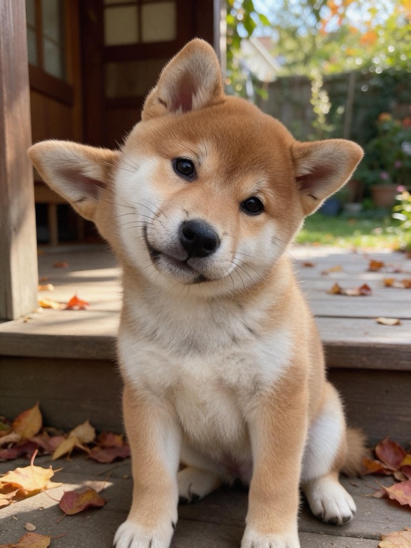 A Shiba Inu puppy sitting on a porch step among autumn leaves, original photo