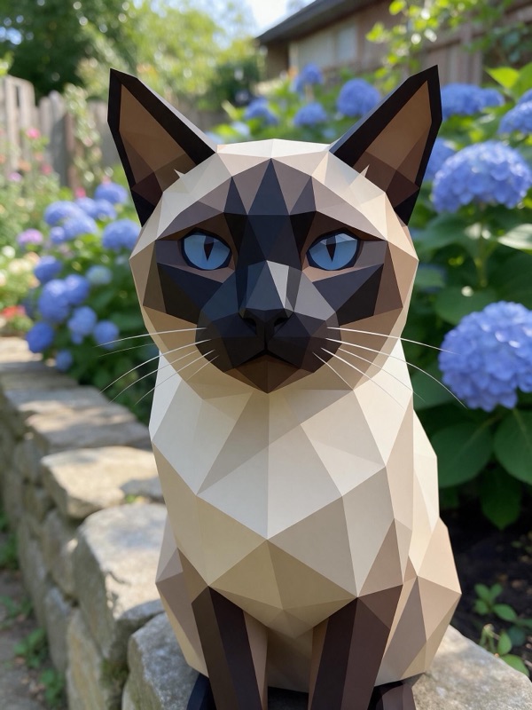 The same photo with the cat rebuilt as a low-poly model while the wall and garden stay photographic
