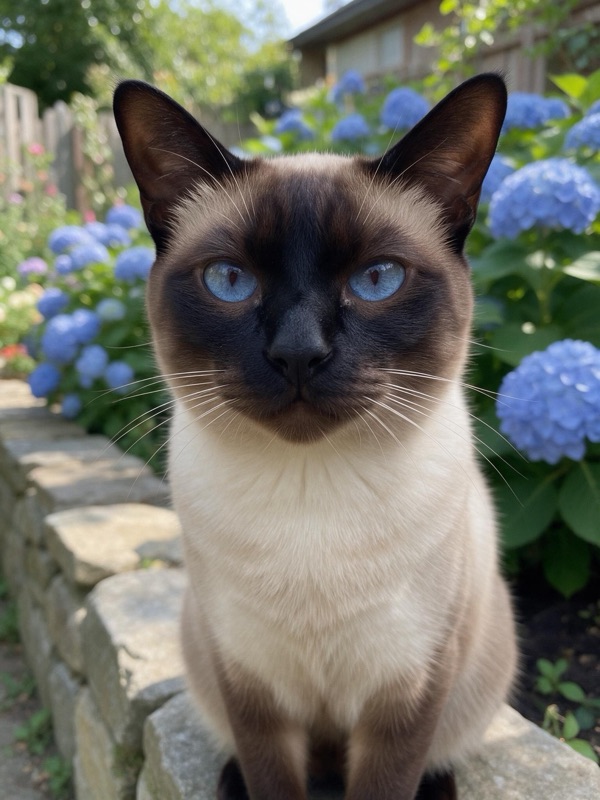 A Siamese cat sitting on a stone garden wall by hydrangeas, original photo