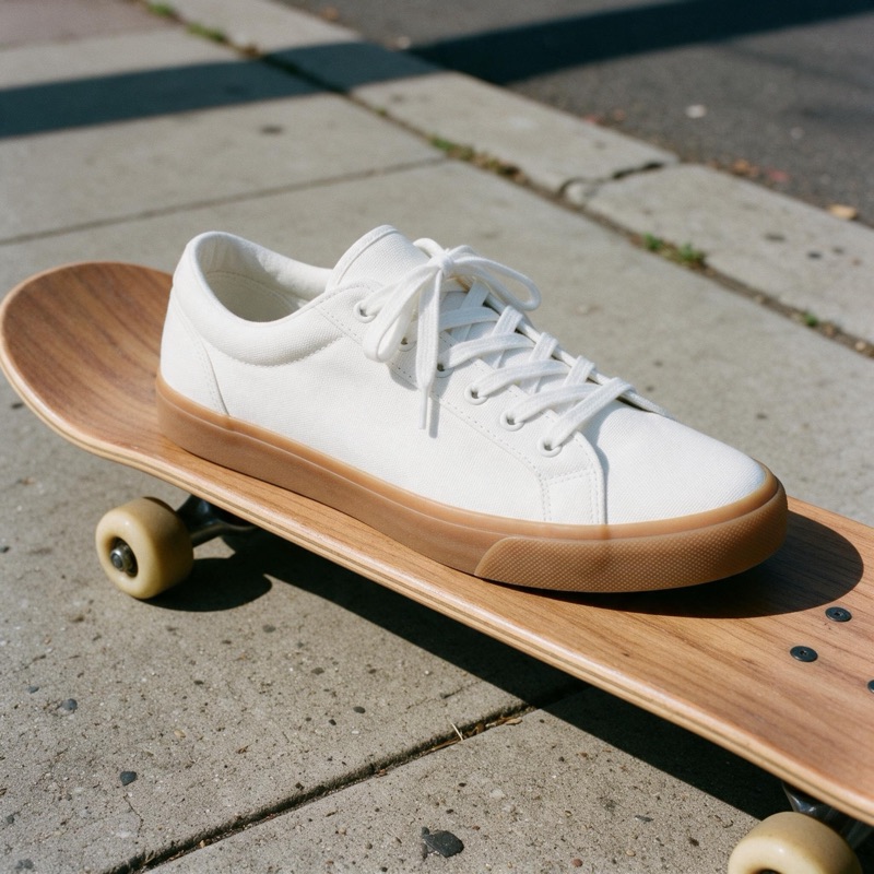 A canvas sneaker resting on a skateboard, original photo