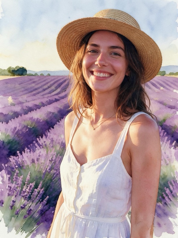The same photo with the lavender field and sky painted in watercolor while the woman stays photographic