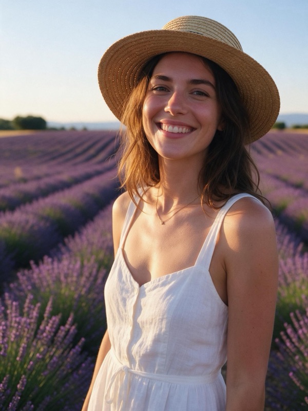 A woman in a sundress standing in a lavender field, original photo