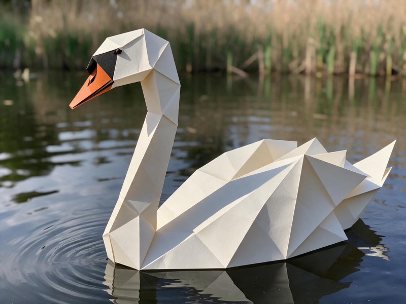 The same photo with the swan turned into a folded-paper origami sculpture on the real water