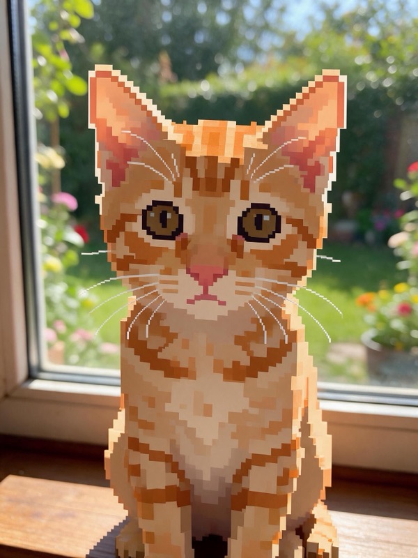 The same photo with the kitten rebuilt as pixel art while the windowsill and garden stay photographic