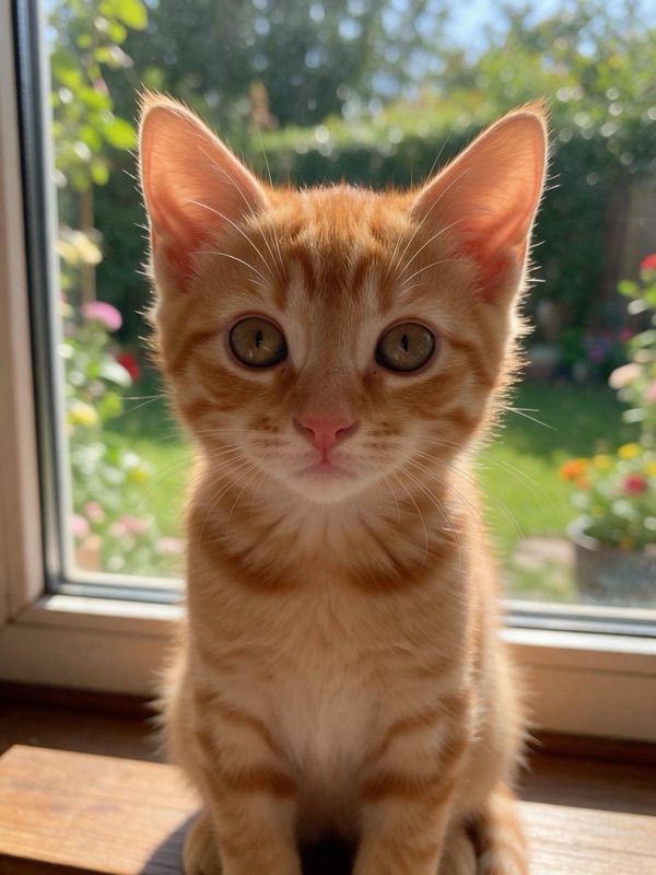 An orange tabby kitten sitting on a windowsill in front of a garden, original photo