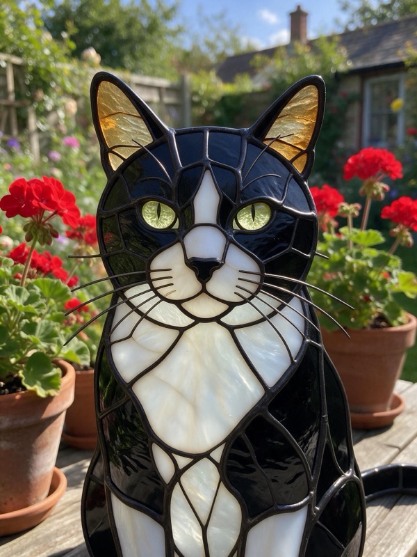 The same photo with the cat turned into stained glass while the table and geraniums stay photographic