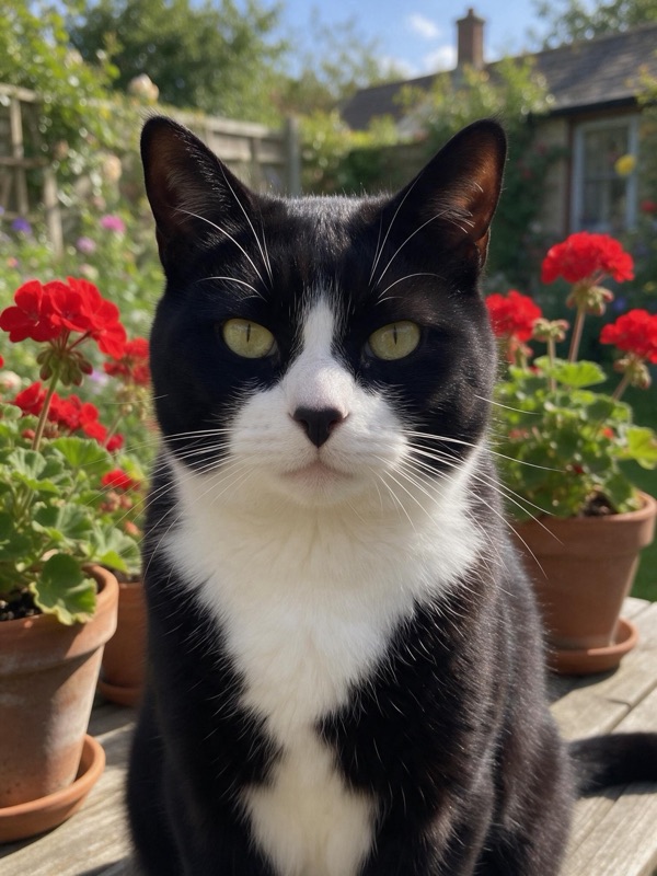 A black and white tuxedo cat on a garden table among red geraniums, original photo
