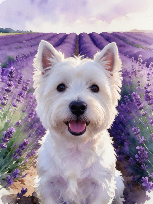 The same photo with the lavender field and sky painted in watercolor while the terrier stays photographic